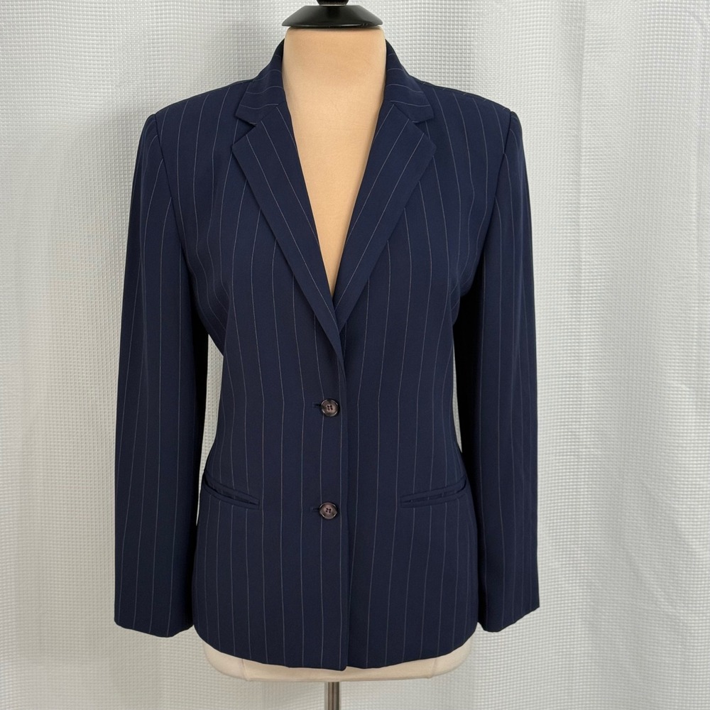 Preston & York Women's Classic Two-Button Navy Pinstripe Blazer
